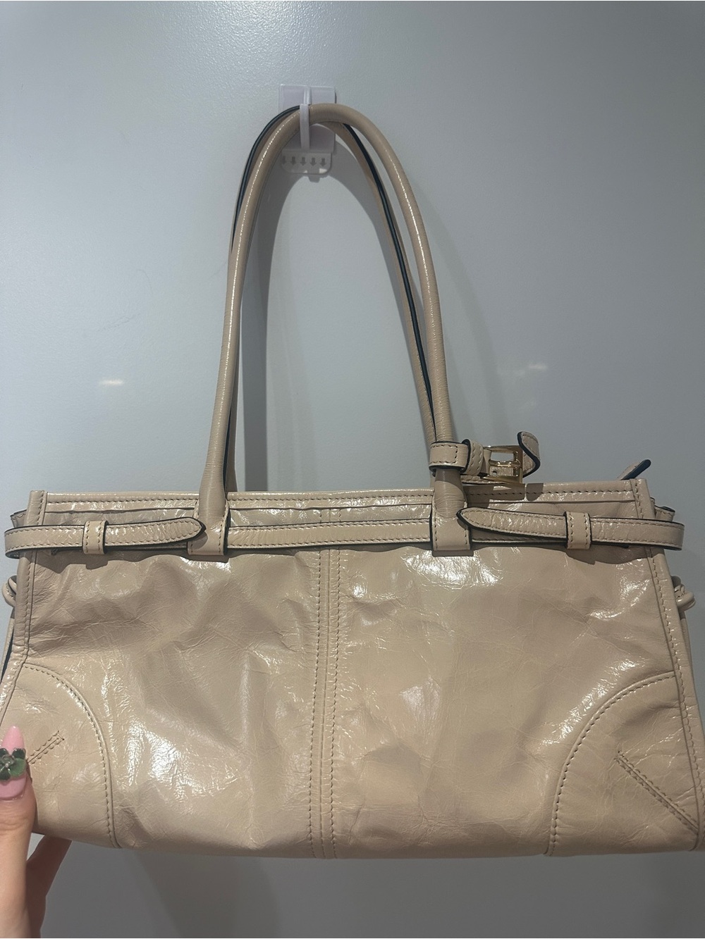 Prada Beige Patent Leather Shoulder Bag with Charm - Picture 3 of 3